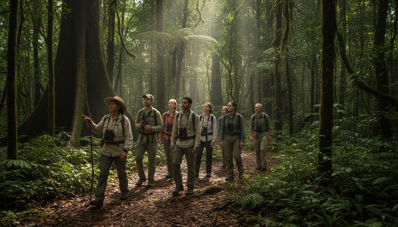 A diverse group of researchers follows a guide through a lush, green forest.