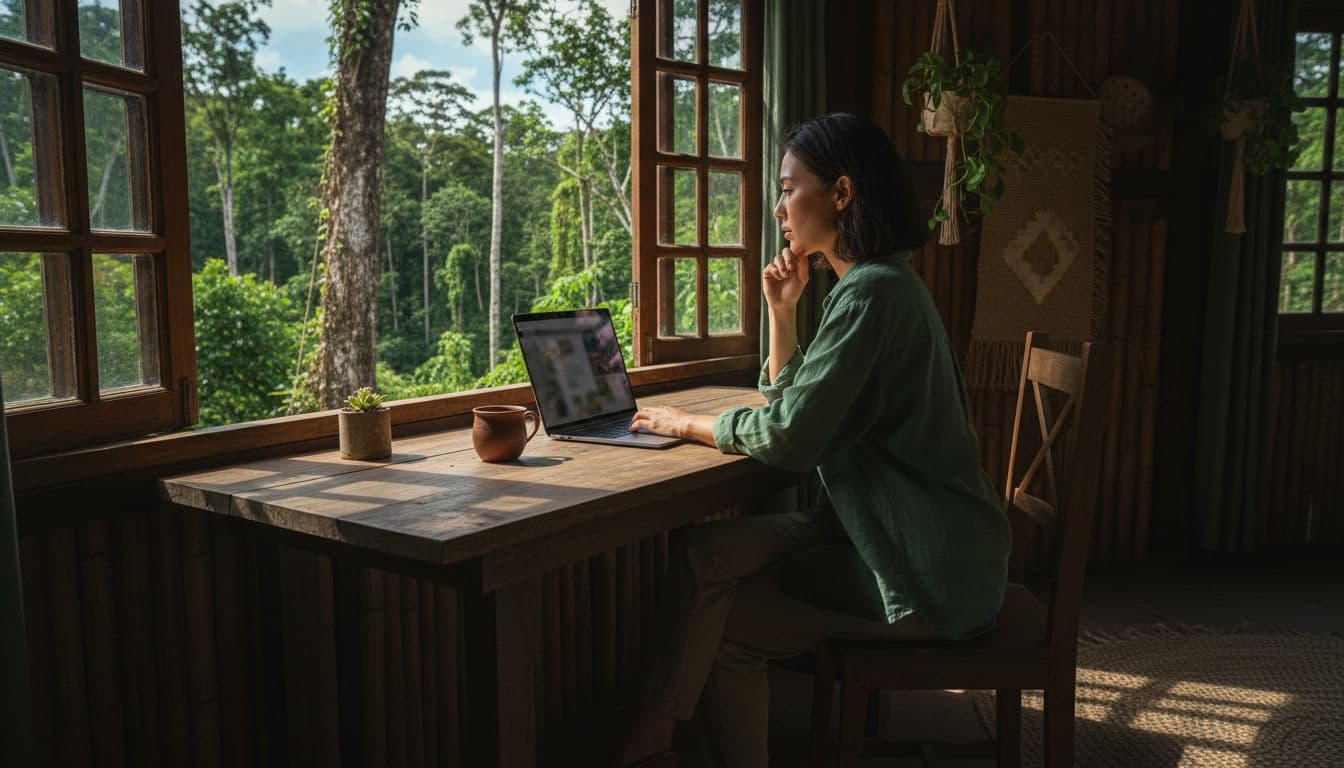 Diverse traveller at wooden desk in eco-lodge reviews blurred tour website on laptop, hand on chin, forest view through window.