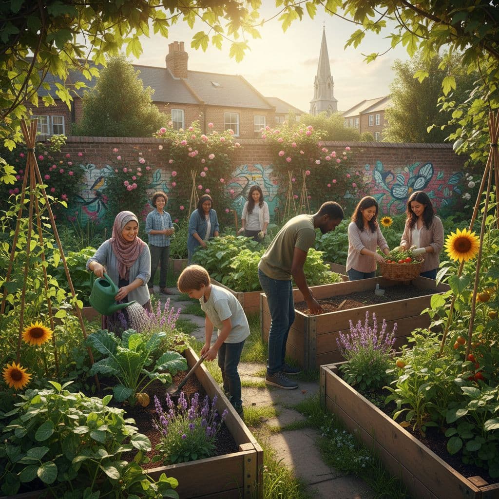 Diverse volunteers work together in sunny UK city community garden with raised beds and green plants.