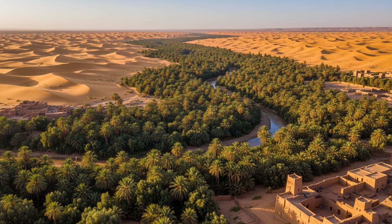 Long ribbon of green palm groves winds through golden desert dunes, with mud-brick kasbahs and thin reflective river along the edge.