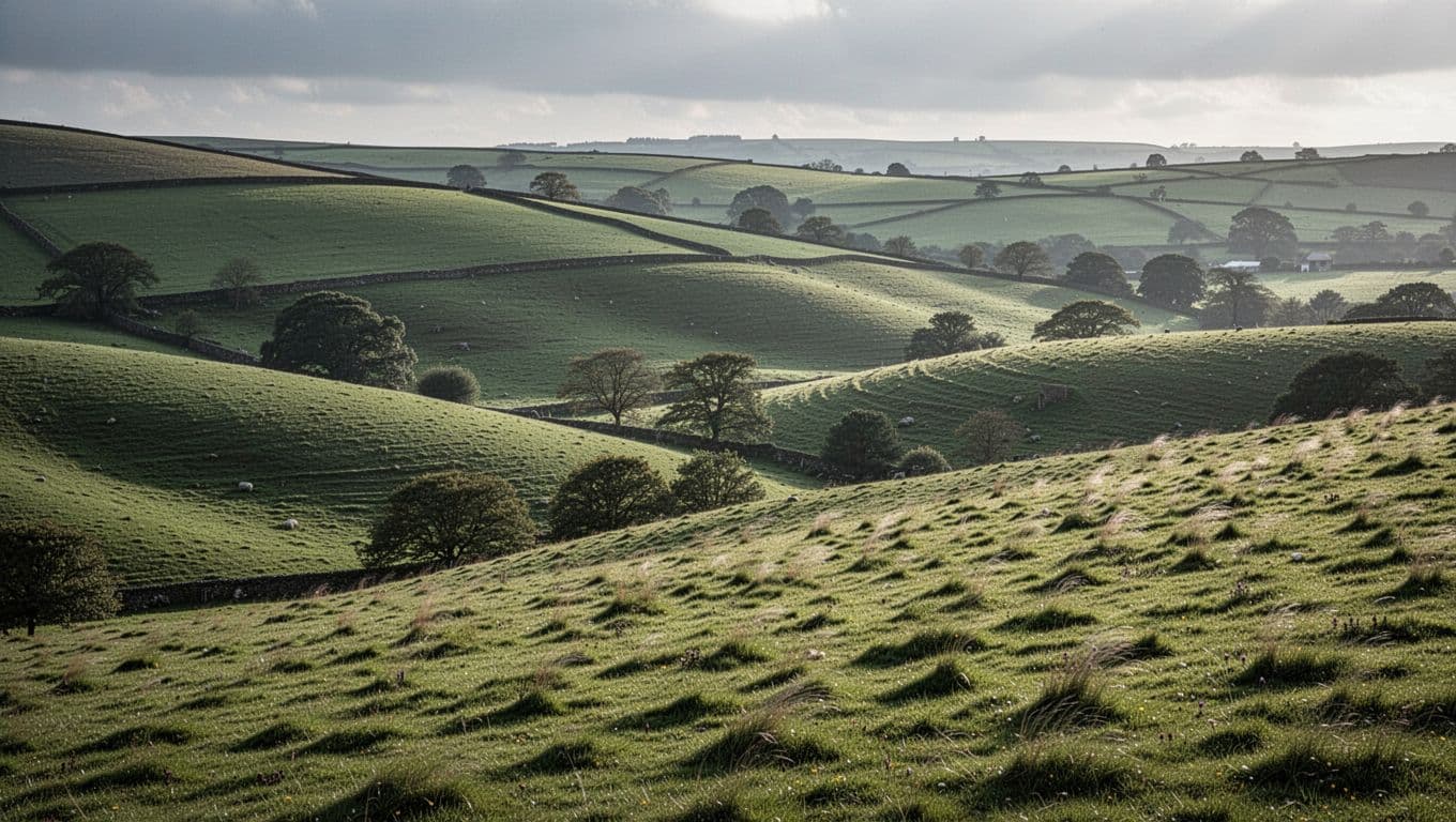 Sunlight illuminates deep green rolling hills across a vast British countryside landscape.