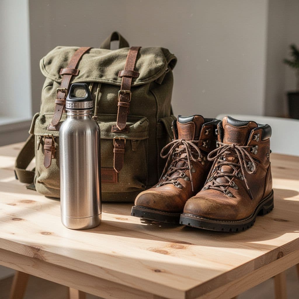 A collection of sustainable travel items, including a metal bottle, canvas backpack, and leather boots on wood.