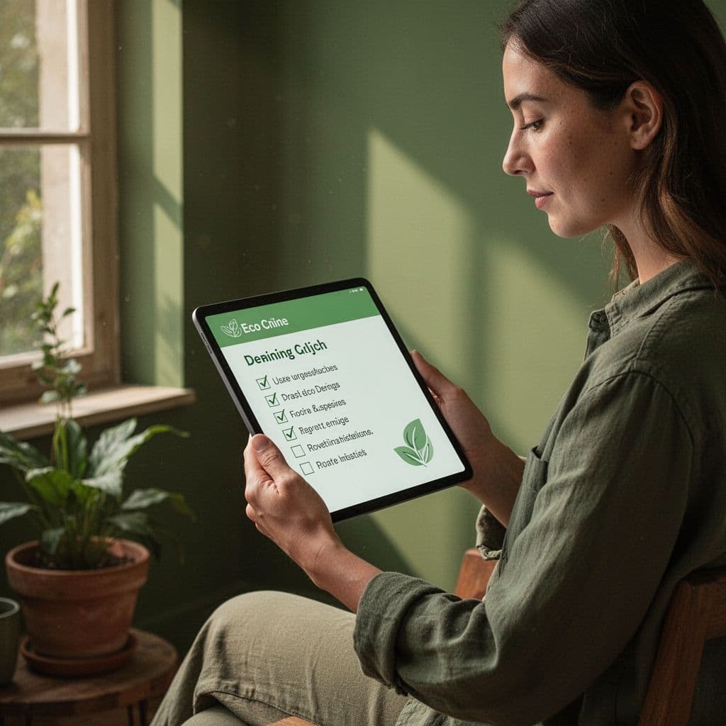 A person uses a tablet to review an eco-friendly travel checklist in a peaceful environment.