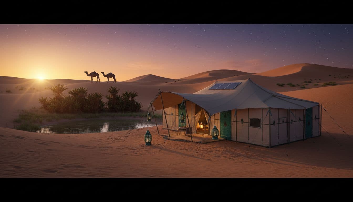 Single low-impact tent with solar panels and lanterns amid sand dunes at dusk, camel silhouettes and emerging starry sky.