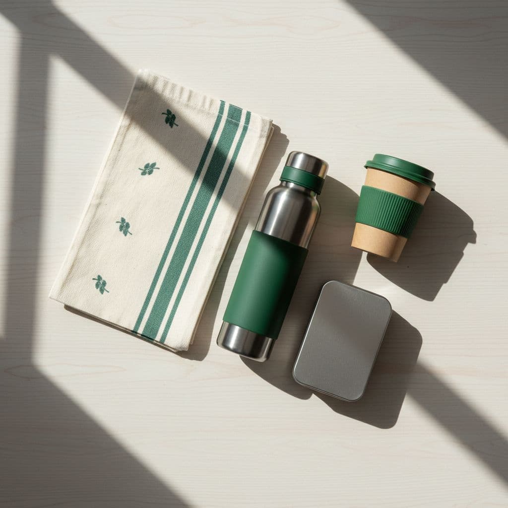 Flat-lay of stainless steel water bottle, folded cloth tote bag, bamboo coffee cup, and metal snack tin on wooden surface.