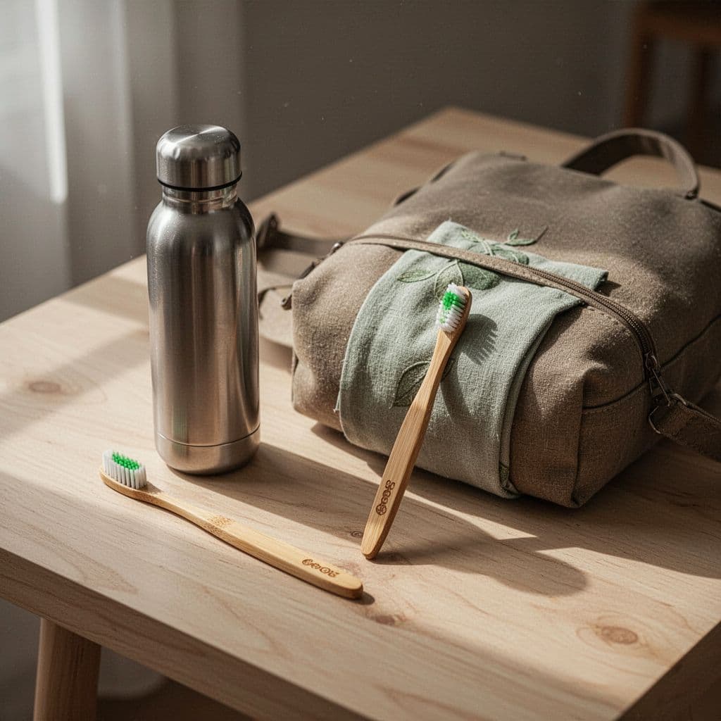 A stainless steel bottle, bamboo toothbrush, and travel bag arranged neatly on a wooden surface.