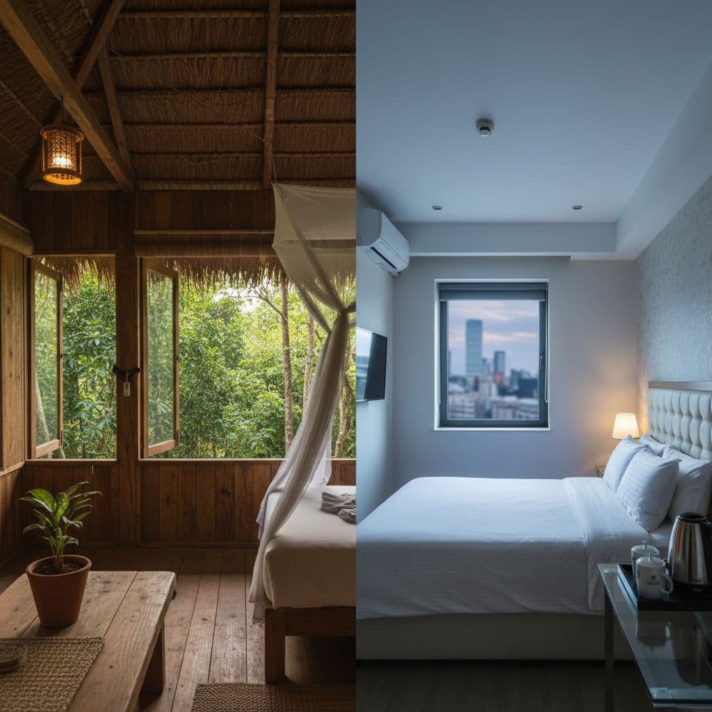 A split view contrasts a rustic forest guesthouse with a modern, air-conditioned luxury hotel room.