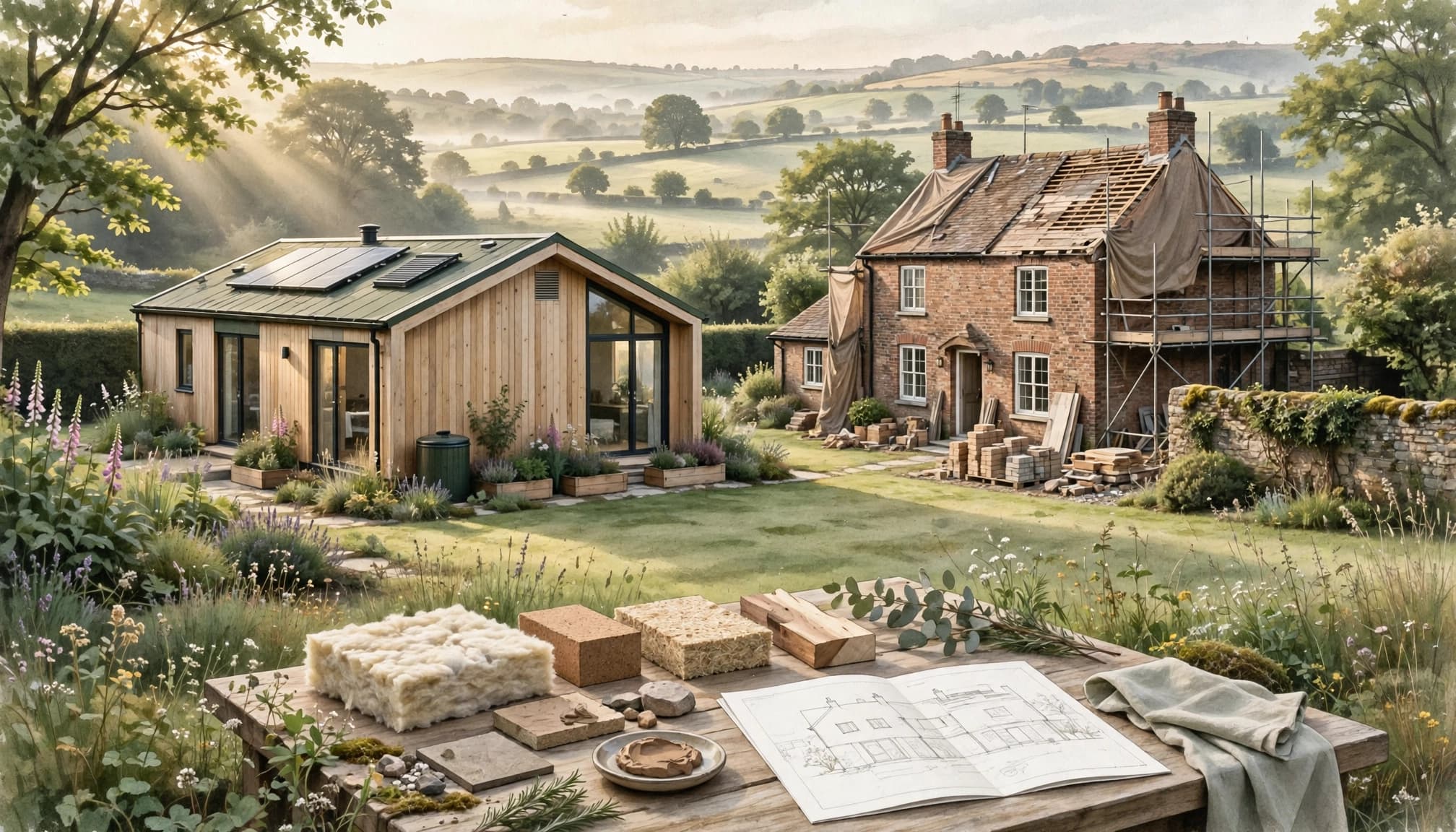 A timber home and an older brick house stand behind a garden table with samples and a plan.