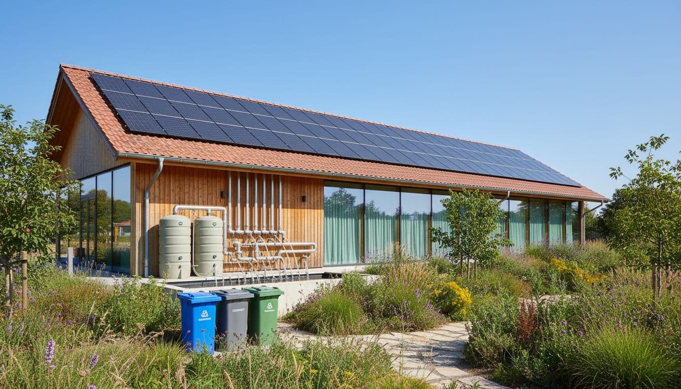 Modern eco-hotel exterior shows solar panels on tiled roof, rainwater harvesting system, recycling bins, and native garden plants under clear blue sky.