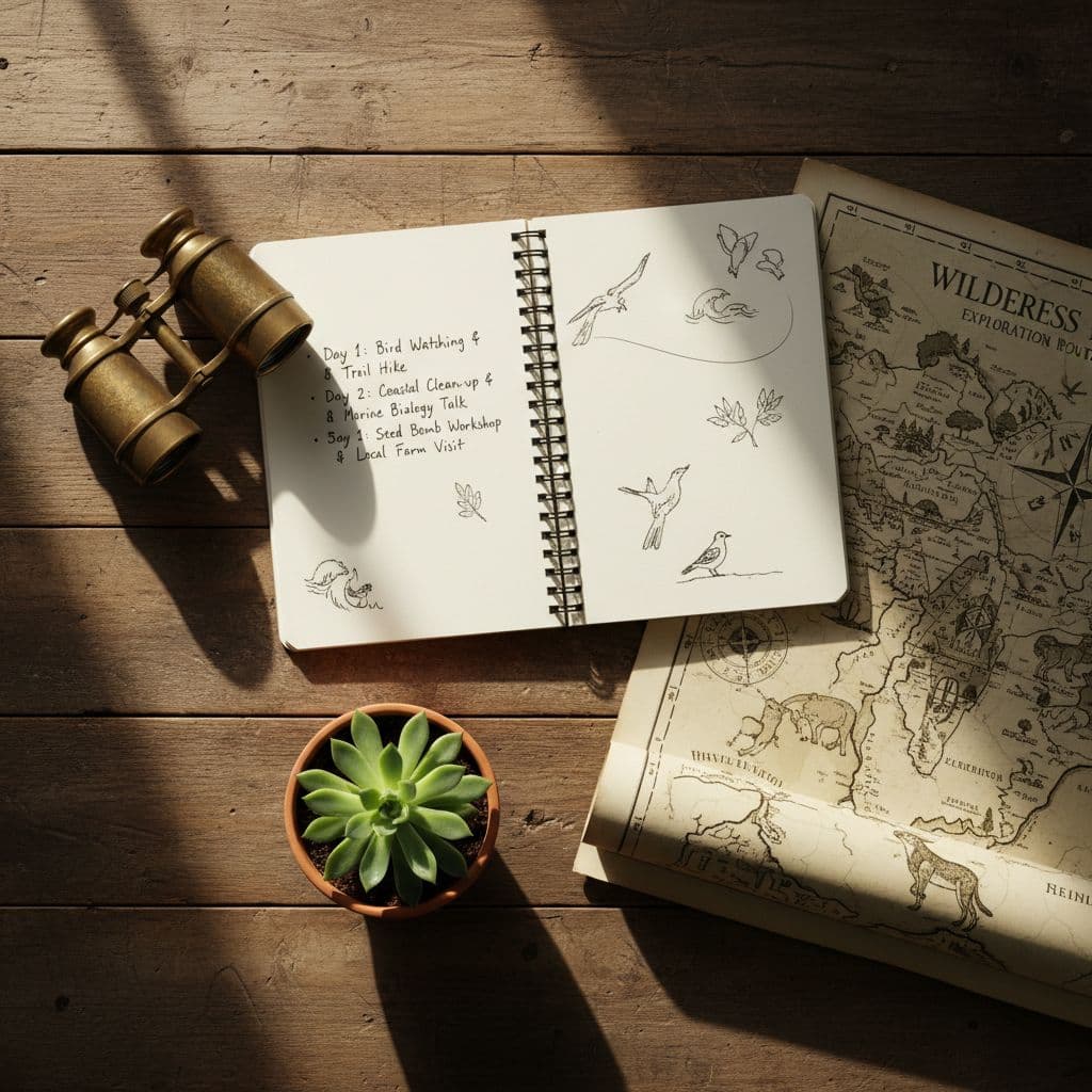 Flat-lay on wooden table with open notebook, binoculars, potted succulent, and vintage map in morning light.