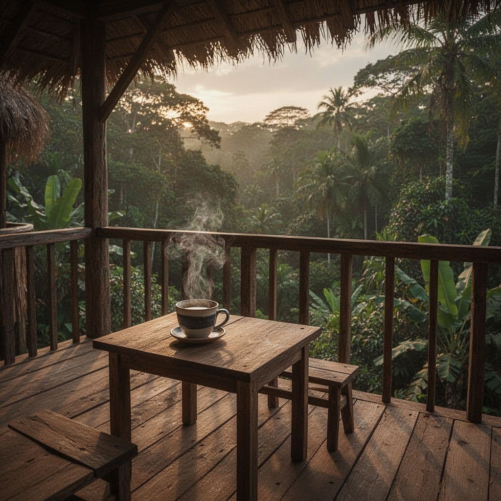 A steaming coffee cup sits on a wooden deck balcony overlooking a lush rainforest at dawn.