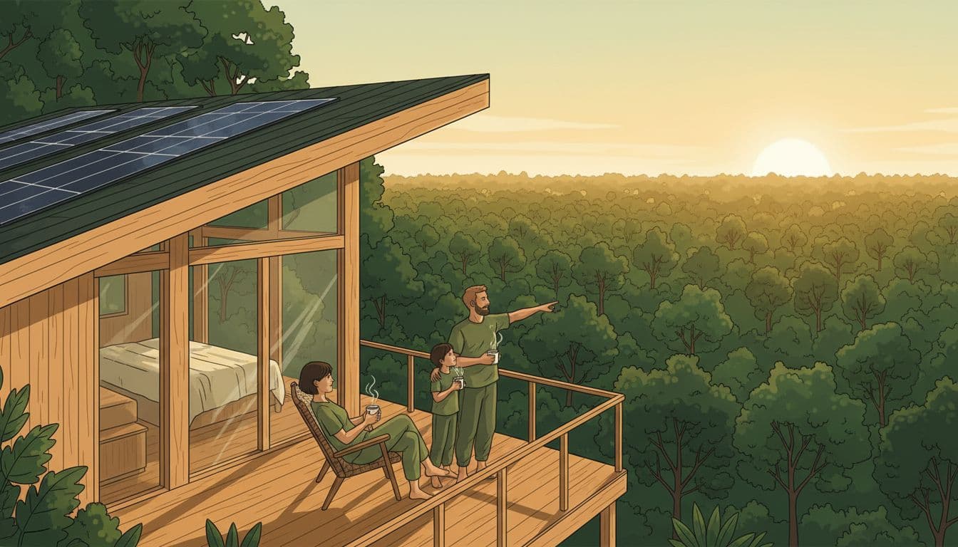 Wooden eco lodge with solar panels nestled in lush green forest, family of three relaxing on veranda at sunset.