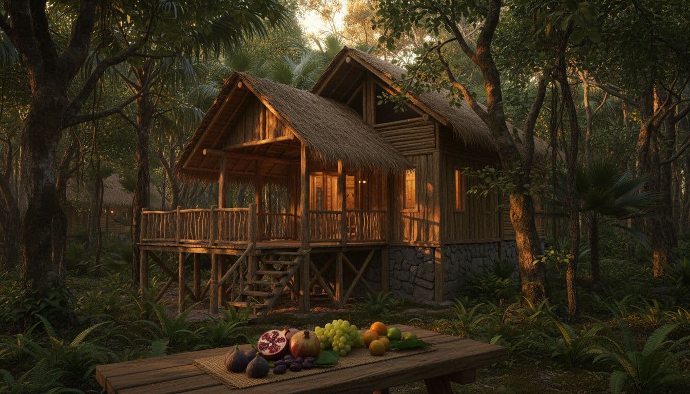 A wooden table holding fresh fruit sits before an eco-friendly lodge nestled in a lush green forest.