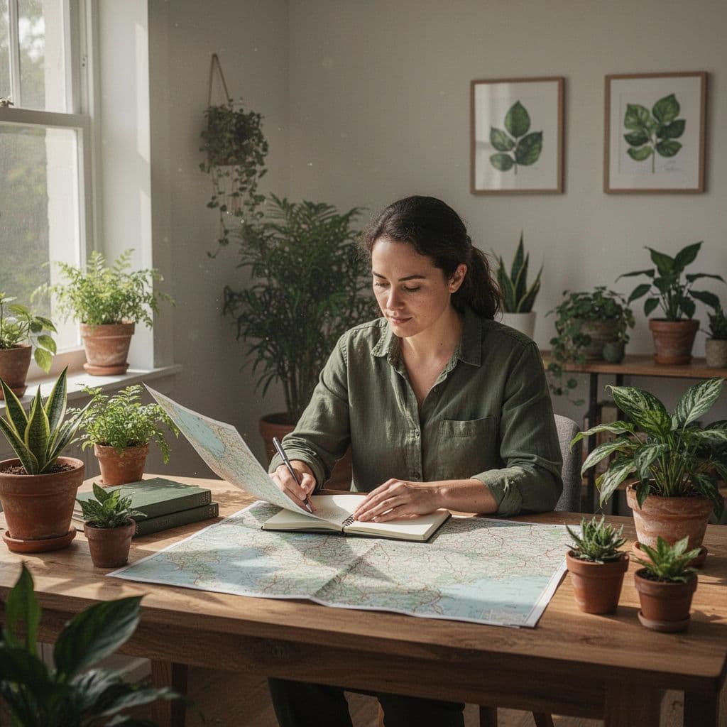 An eco-specialist sits at a clean desk reviewing maps and notes in a natural workspace.
