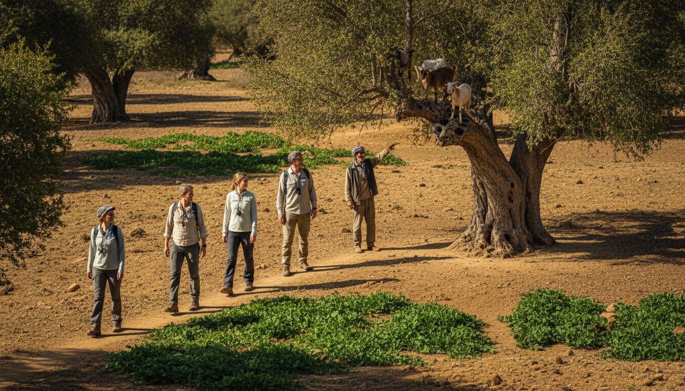 Five diverse hikers in casual clothes follow guide on path through ancient argan trees with goats, green foliage against dry landscape.
