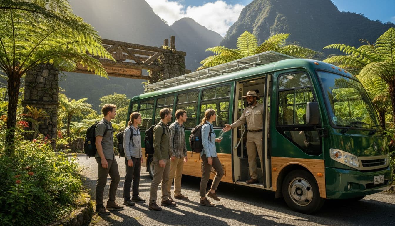 Seven eco-tourists board a green minibus at national park entrance amid lush greenery and mountains as guide welcomes them.