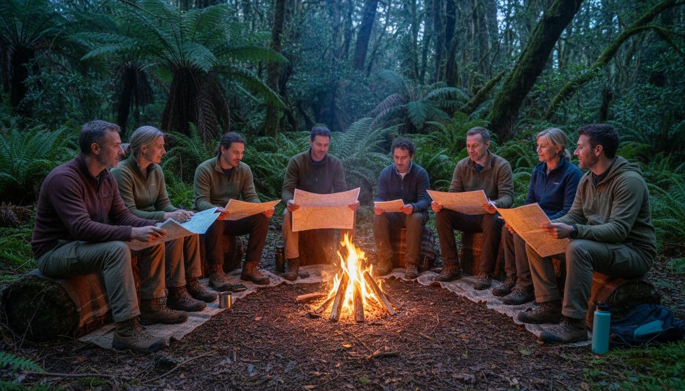 Eight eco-tourists sit in circle around campfire in forest clearing at dusk with maps and notebooks.