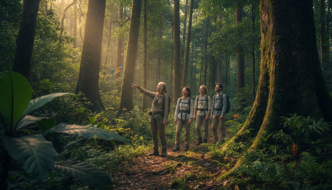 Four smiling eco-tourists follow guide pointing to wildlife on lush forest trail under dappled sunlight.