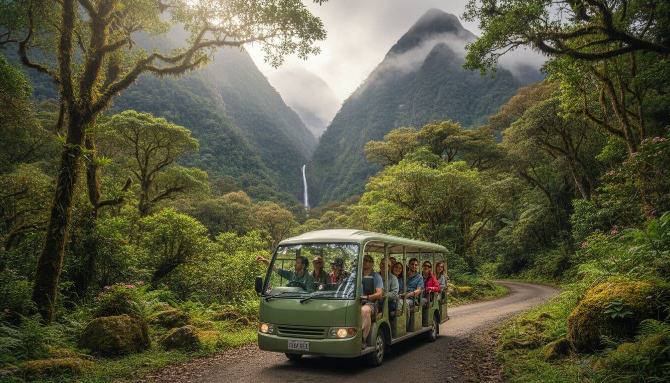 Eight eco-tourists with relaxed poses ride in a minibus through lush national park with mountains.