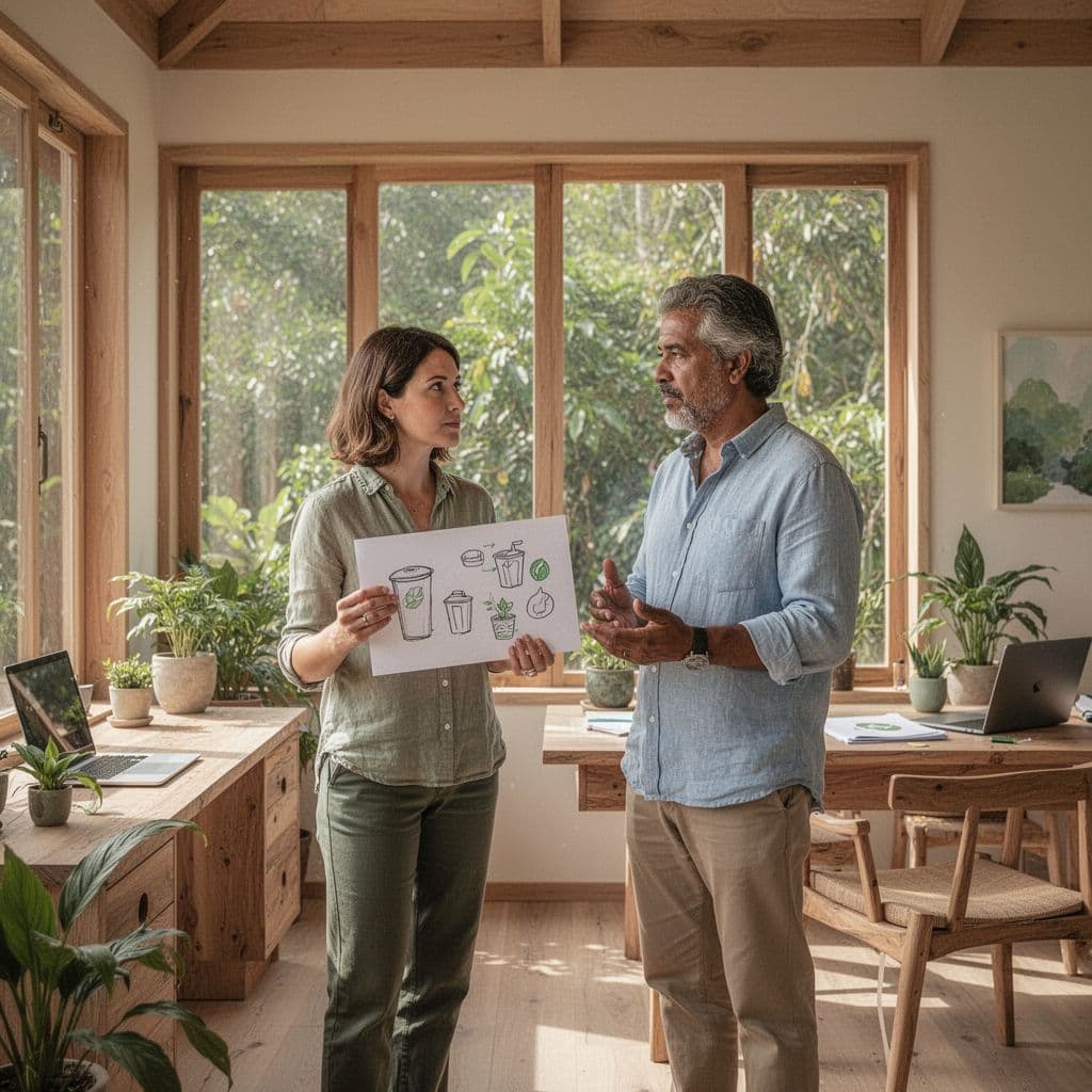 An eco travel specialist discusses sustainable waste reduction plans with a local lodge owner in a sunny office.