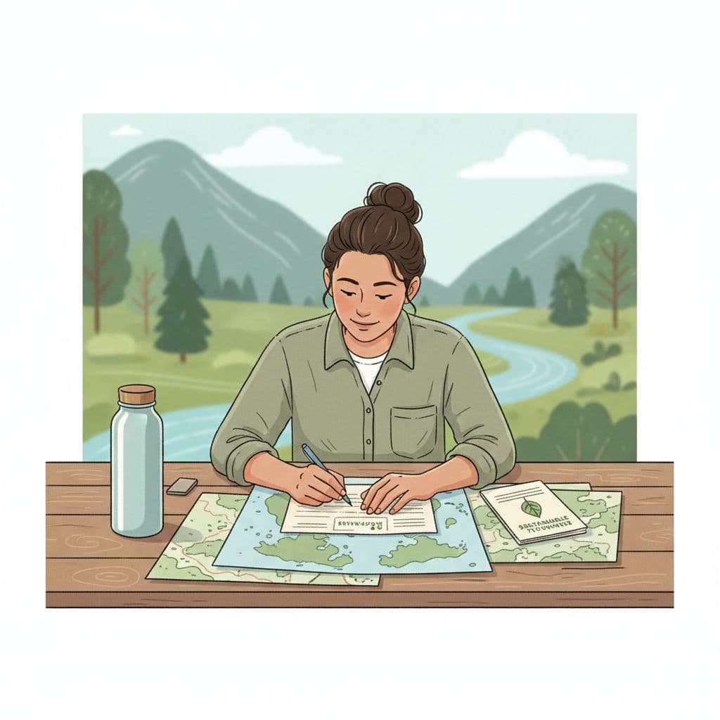 An eco travel specialist works at a wooden desk with maps and sustainable travel gear.