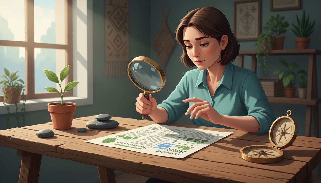 An eco travel specialist examines a document with a magnifying glass at a rustic wooden desk.