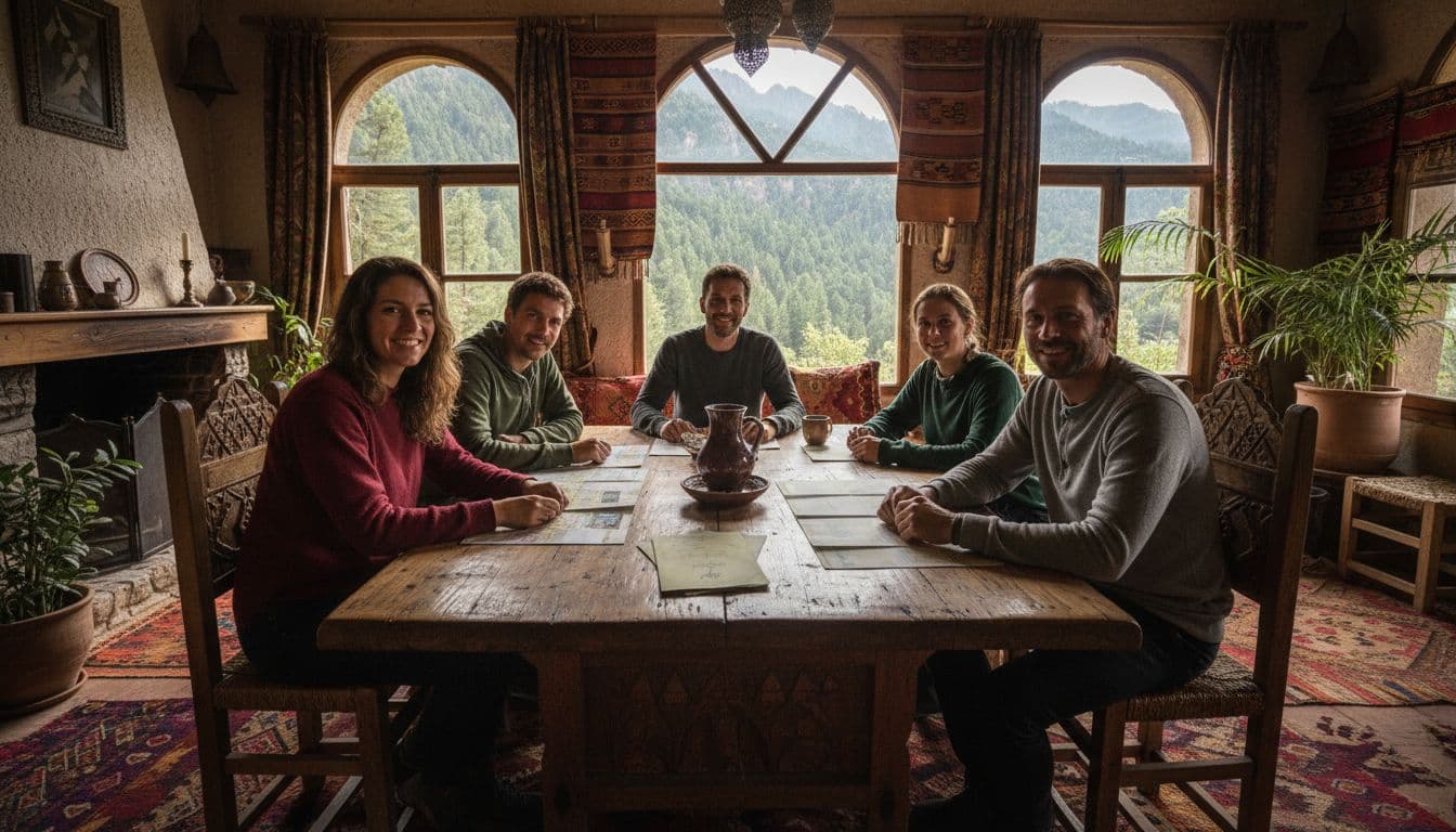 Five diverse travelers sit around wooden table in mountain lodge, smiling over maps and eco brochures with forest outside windows.