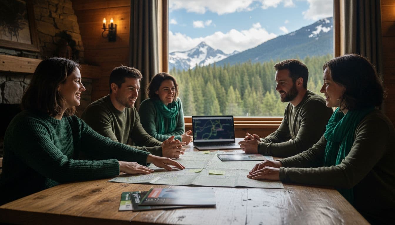 Six diverse adults sit around a wooden table in a mountain lodge, examining maps, brochures, and a laptop with forest views outside.