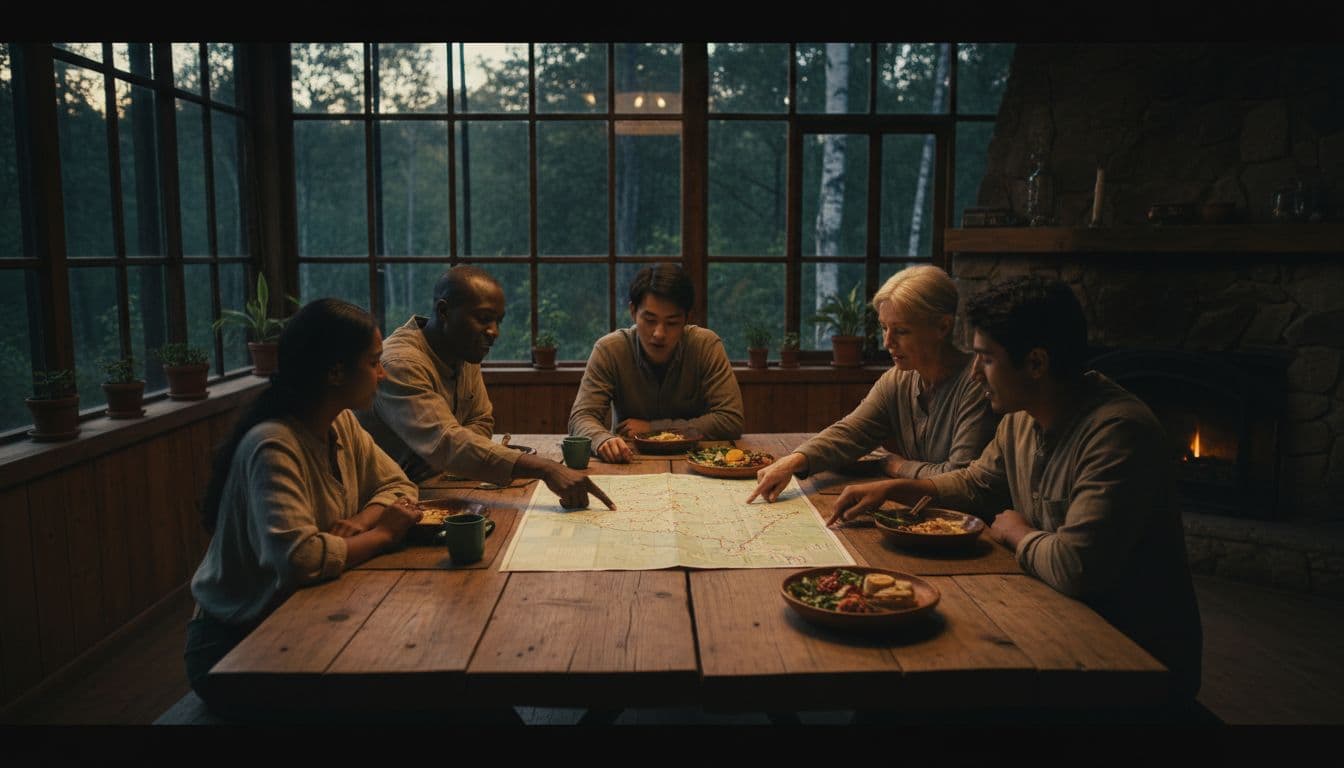 Five diverse travellers around wooden table in rustic eco-lodge share meal and map with forest views.