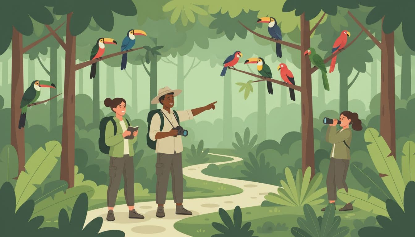 Local guide and two travelers stand on rainforest path observing colorful birds at ethical distance.