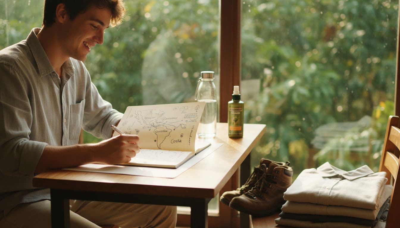 Young adult at sunny wooden desk with open notebook itinerary of Mexico, Guatemala, Costa Rica, plus water bottle, shoes, folded clothes, repellent.