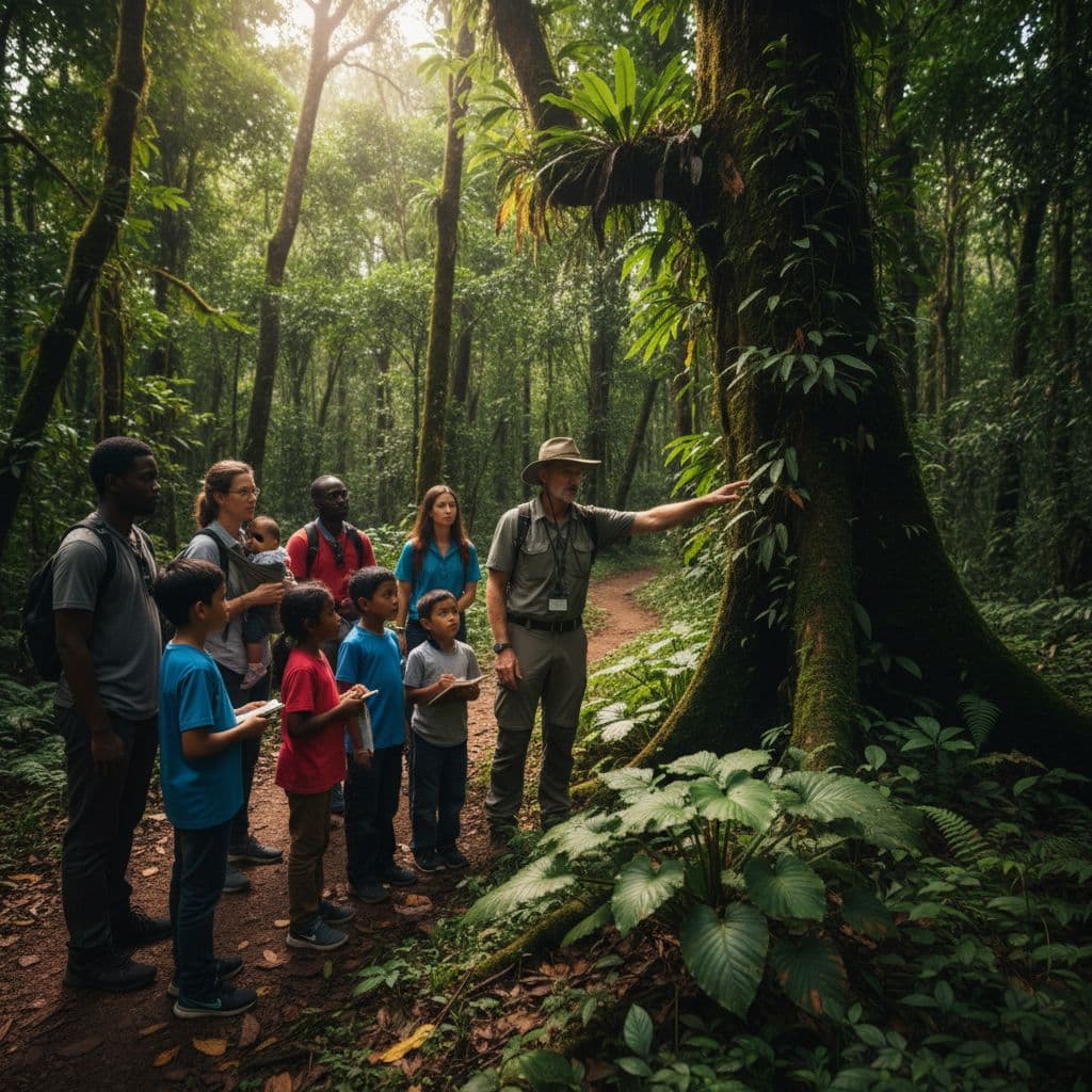 Guide points at plants for diverse families and children in forest reserve.