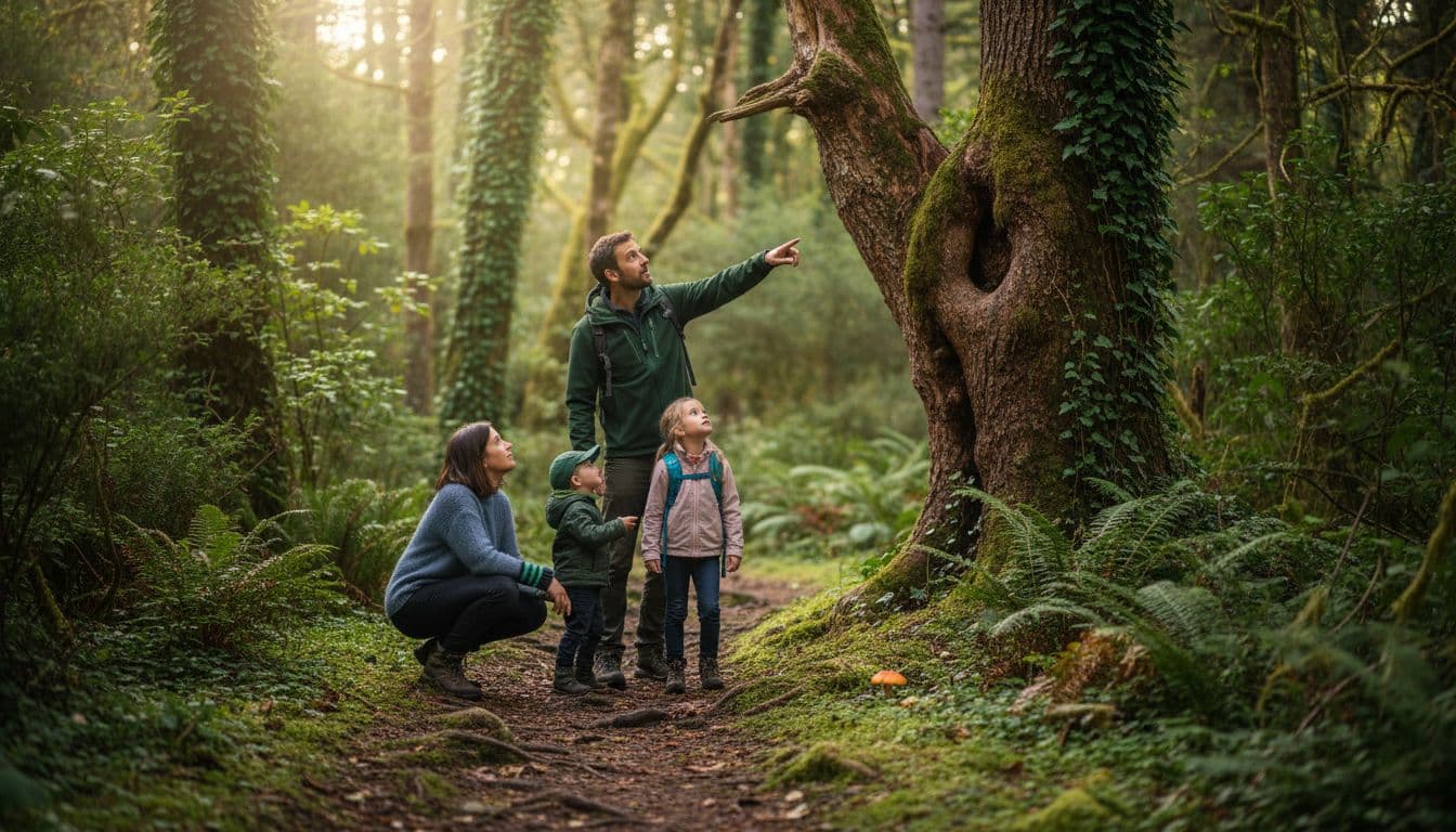 Family of four hikes lush woodland trail, pointing at trees and observing nature.