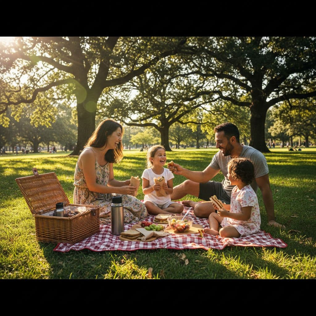 Happy family eats lunch on blanket in park with trees.