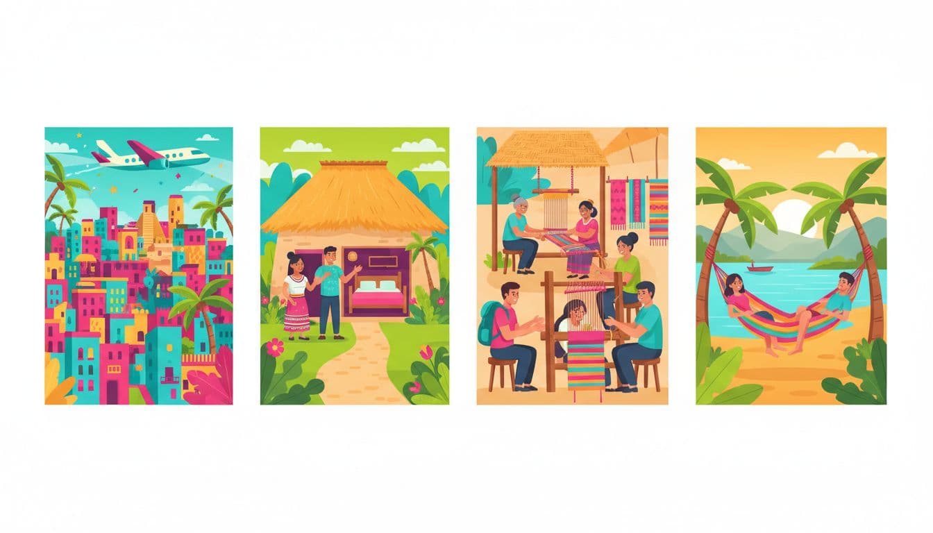 Four connected scenes show airplane arriving at Mexican city, thatched village homestay, two tourists and two locals weaving, hammock lounging by mountain lake.