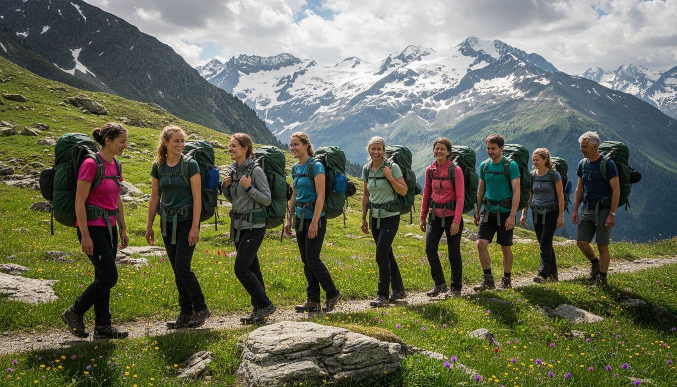 Nine diverse hikers with guide trek alpine trail amid snow peaks and wildflower meadows.