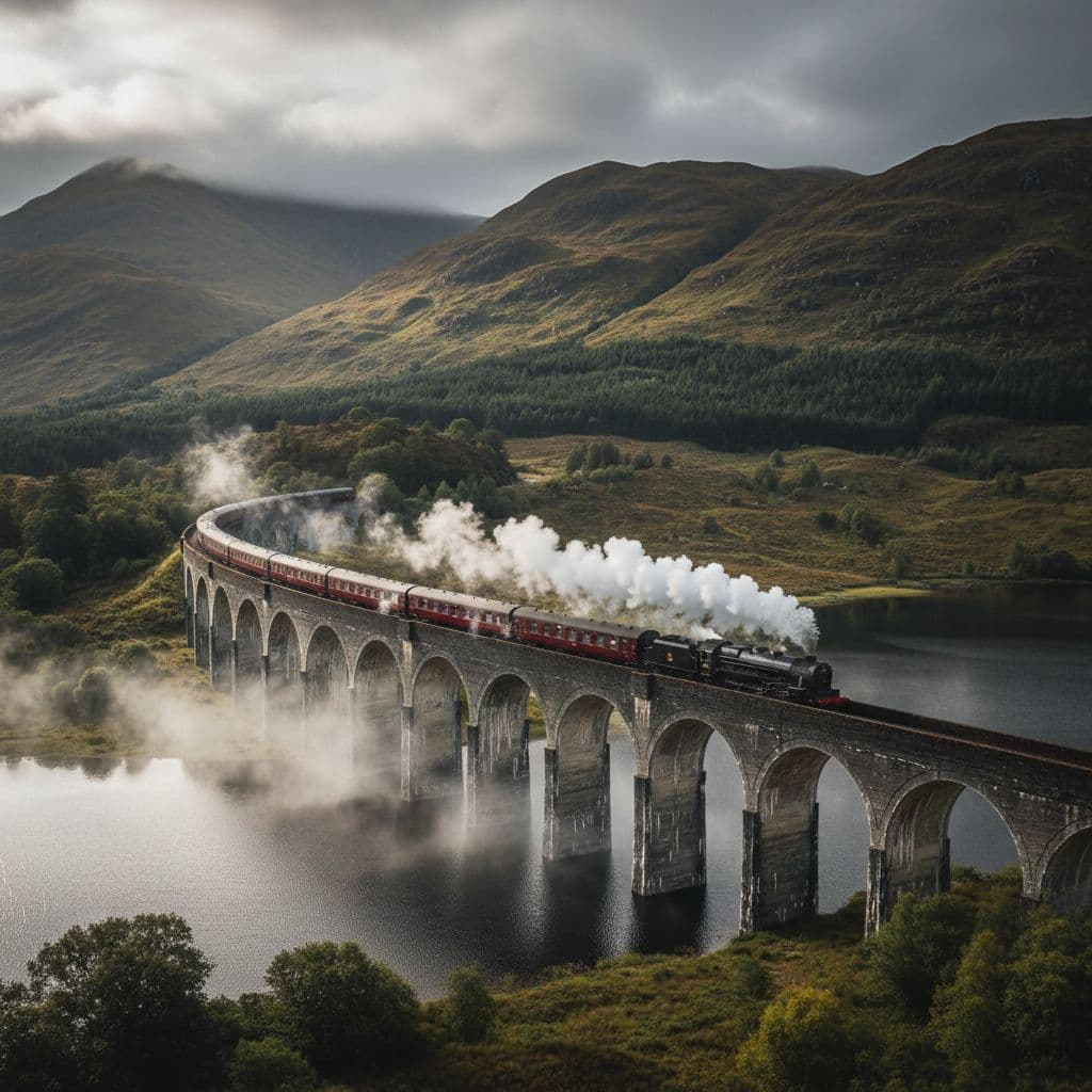 A classic steam train travels across the iconic stone arches of the Glenfinnan Viaduct in Scotland.