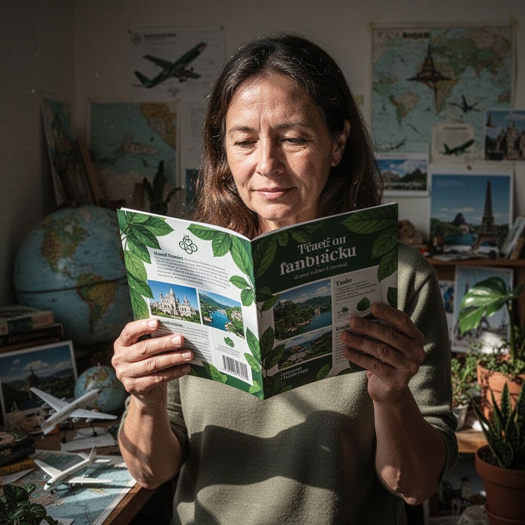 A person holds a green-leafed travel brochure while facing an industrial and cluttered environment.