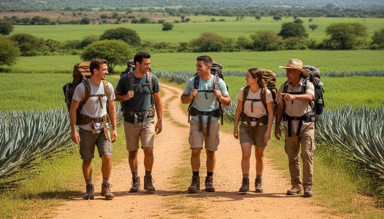 Four travelers and one local guide hike smiling on sunny dirt trail through green rural Mexican landscape.