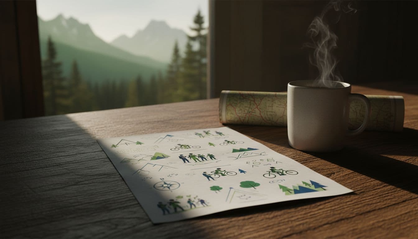 Printed group travel itinerary with map and icons on wooden table beside coffee mug, window light showing mountains.