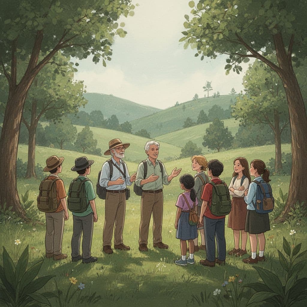 A professional guide explains local nature and culture to a small group in a green landscape.