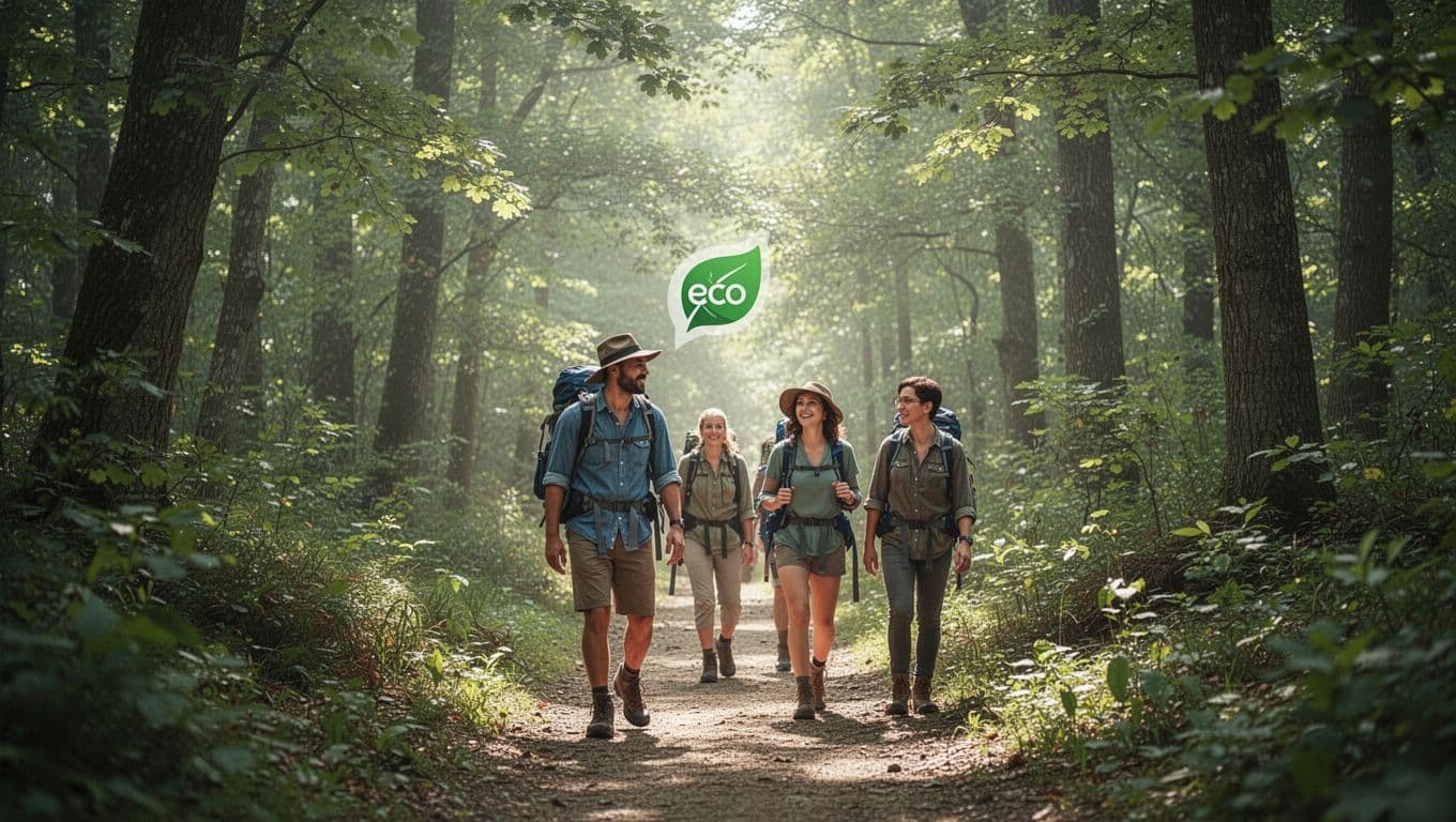 A local guide leads a small group along a trail through a lush, peaceful forest.