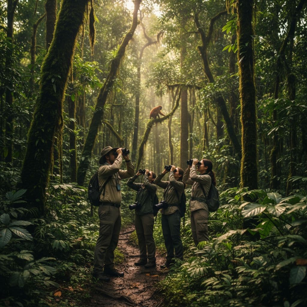 A conservation guide leads a small group through a dense, lush rainforest to observe primates with binoculars.