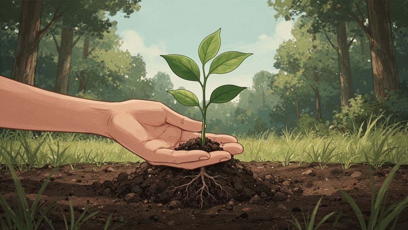 A close-up view of a hand carefully planting a small green sapling into rich, dark fertile soil.