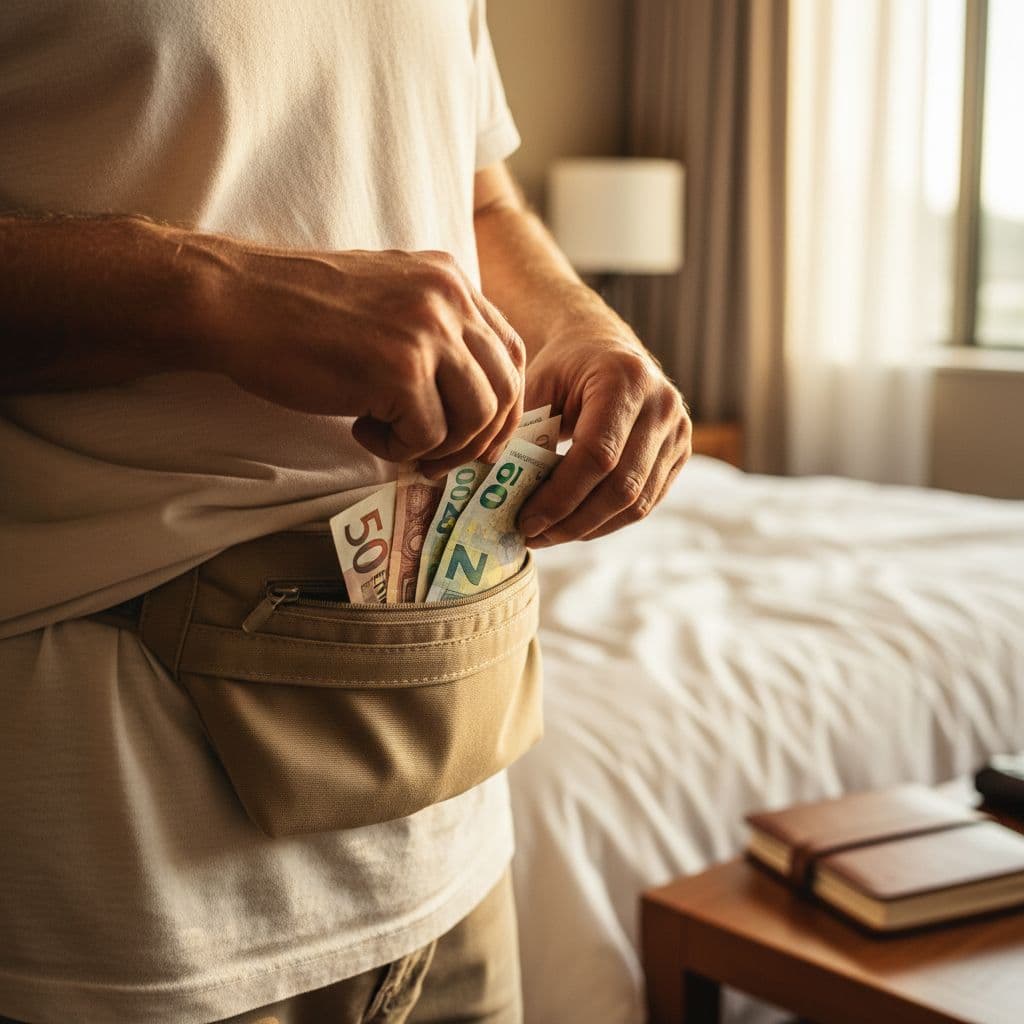 Close-up of hands tucking banknotes into fabric money belt in sunlit hotel room.