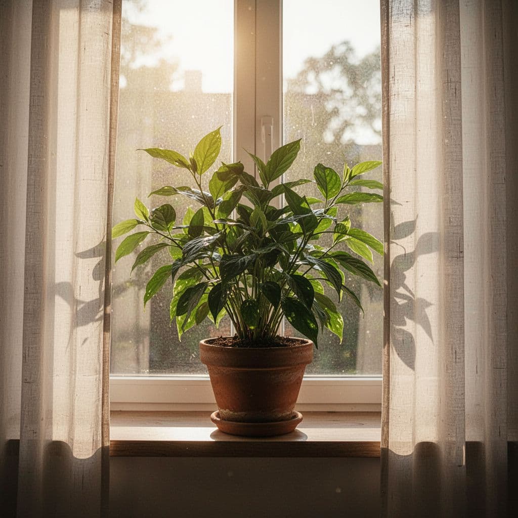 A healthy green plant sits in a simple pot near a window with soft natural sunlight.