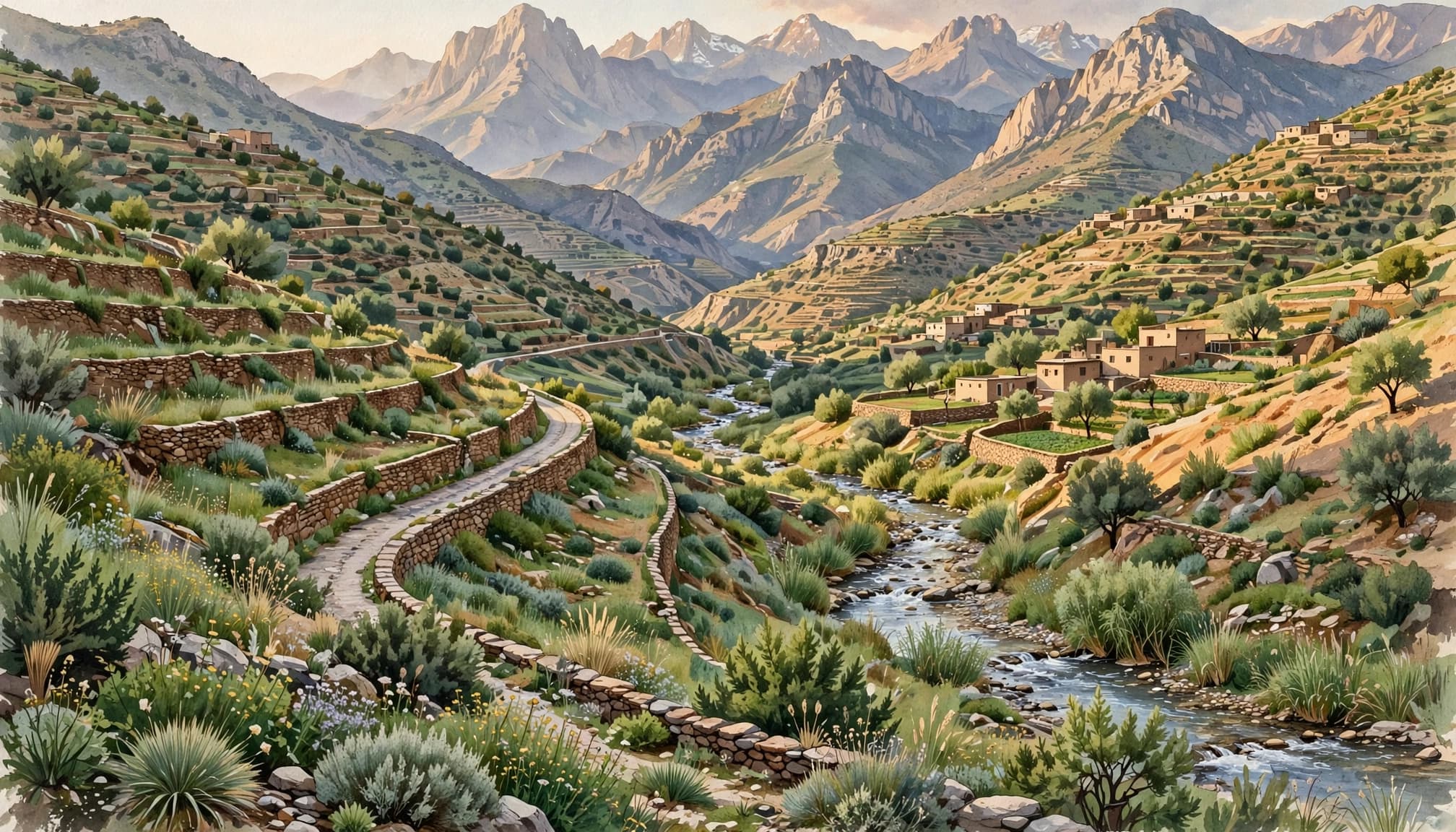 A clear stream winds through a green mountain valley beside a narrow road and small buildings.