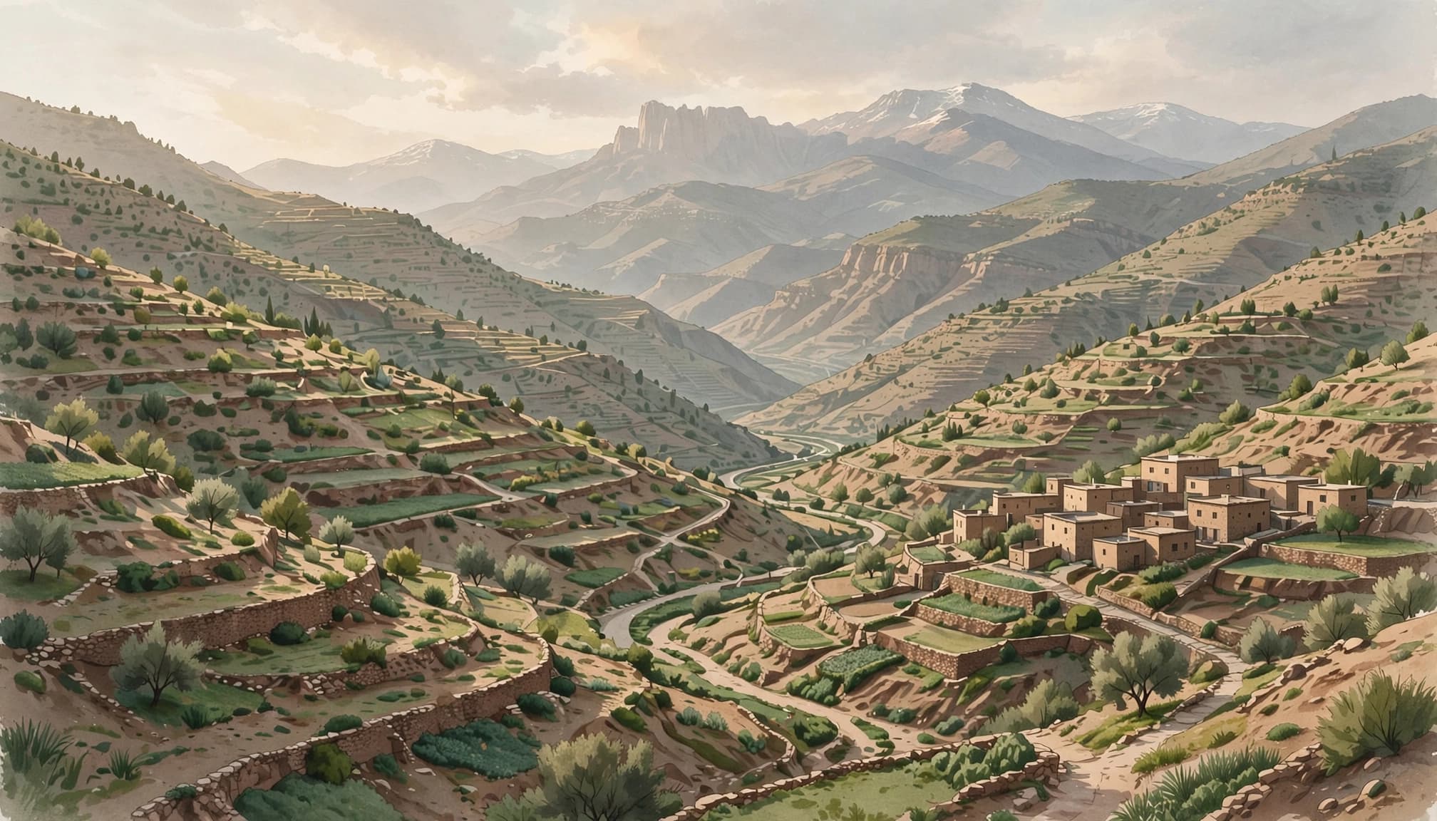 A small village sits on green terraces beneath distant Atlas mountains.