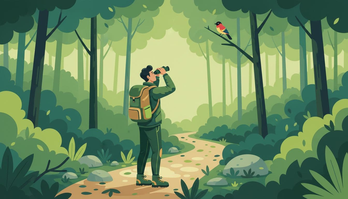 Solo hiker on marked woodland path observes colorful bird in tree through binoculars amid lush forest.