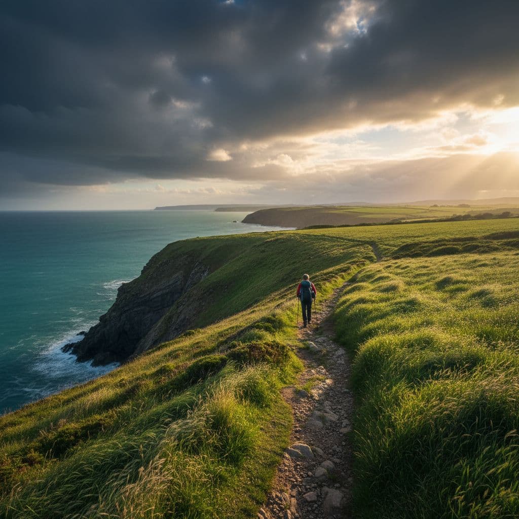 A person hikes along a green coastal clifftop trail overlooking the ocean under a dramatic sky.